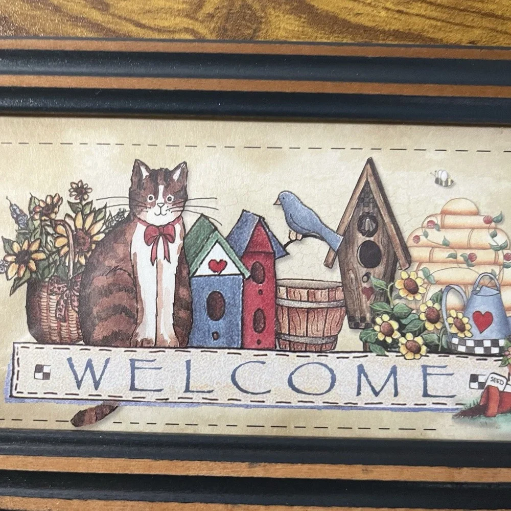 Vintage Primitive Country Folk Art Framed Welcome Cat Bees Garden Bird